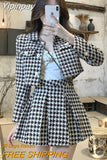 Yipinpay Temperament Matching Sets Retro O Tweed Plaid Jacket Short Long Sleeve Cardigan Slim Top Mini Houndstooth Pleated Skirt Chic