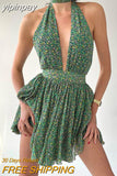 yipinpay Summer Print Floral Halter Sleeveless A-Line Dresses 2023 Casual Beach Party Women Low Cut Pleated Slim Mini Dress Green