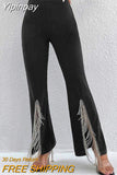 Yipinpay Waist Pants For Women Hollow Out Skinny Long Trousers 2023 Fashion New Solid Streetwear Female Split Flare Pants Ropa Mujer