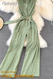 Yipinpay Women Wide Leg Pants Jumpsuit Sleeveless Sashes Casual High Waist Overalls Office Ladies Elegant Playsuits Plain 2023