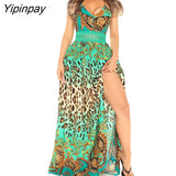 Yipinpay Women Chic All Over Print Spaghetti Straps Hollow Out Leopard Pattern Sleeveless High Silt Maxi Sexy Dress
