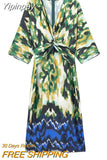 Yipinpay Printed Tunic Long Dress Women Knot Summer Dresses For Women 2023 Vintage Beach Dress Woman Midi Elegant Women's Dresses