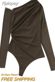 Yipinpay Brown Mesh Bodysuit Women Long Sleeve Body Woman Tulle See Through Bodysuit Lingerie Sexy Off Shoulder Asymmetrical Top