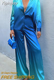 Yipinpay Loose Gradient Blouse 2 Piece Set Elegant Satin Long Sleeve Shirt Straight Pant Outfits 2023 Spring High Street Lady Suit