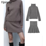 Yipinpay 2023 Sweet Women Solid Knitted Skirt Sets Turtleneck Tops+Mini A-Line Skirts Sets Long Sleeve Loose Casual Sweaters