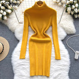 Yipinpay Full Sleeve Slim Knitted Pencil Dress Female Casual Pullover Turtleneck Sweater Bodycon Dress Ladies Autumn Winter