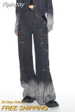 Yipinpay Hop Irregular Vintage Fashion Spring Autumn Denim Trousers Woman Pocket Splicing With High Waist Wide Leg Baggy Jeans Women