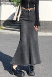 Yipinpay Casual Loose Tassel Long Women Denim Skirts Autumn Winter Vintage HIgh Waist Pocket Female Jeans Skirts