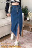 Yipinpay A-line High Waist Long Vintage Versatile Split Denim Skirt Woman