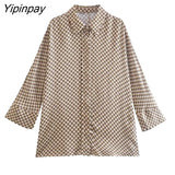 Yipinpay 2pcs Women Geometric Print Pant Shirt Sets 2023 Summer Long Sleeve Turn Down Collar Blouse+Wide Leg Trouser Causal Outwear