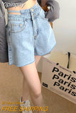 Yipinpay Fashion Women's Denim Shorts High Waisted For Summer Solid Raw Edge Korean Version Casual Hollow Out Wide Leg Jean Pants