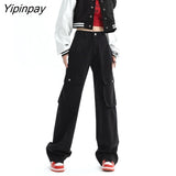 Yipinpay Multi Bag Casual Wide Leg Cargo Pants Loose Red Jeans Woman