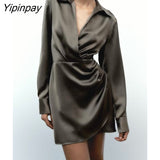 Yipinpay Elegant Women Solid Mini Dresses 2023 Spring Autumn Fashion Turn Down Collar Causal Dress A-line Long Sleeve Vestidos