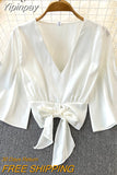 Yipinpay Summer Satin Crop Top Female Bow Elegant Lace-up Shirts Solid Color Flare Sleeve Blusas Women White Loose CHIC Blouses
