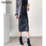 Yipinpay Autumn Winter Vintage Split Mid Length Skirt Women PU High Waist Hip Bag Fake Leather