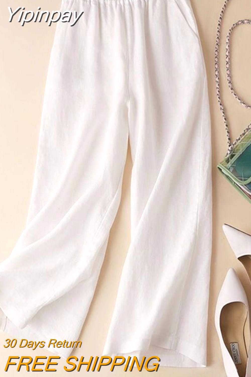 Yipinpay Summer Cotton Linen Women's Wide Leg Pants High Waist Solid Woman Capris Pants Saggy Casual Loose Oversize Flared Trousers