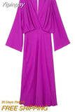 Yipinpay Purple Long Dress Women Wrap Satin Midi Dress Woman Long Sleeve Elegant Party Dresses For Women 2023 Evening Dresses
