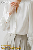 yipinpay Elegant Luxury White Shirts Women Plain Buttons French Loose Casual Loose Tops Female Blouses V-neck Korean Blusas