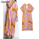 Yipinpay 2023 Summer Boho Long Silk Dress Women Print Long Shirt Style Dresses Elegant V-Neck Holiday Party Beach Dress Vestidos