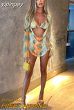 yipinpay Casual Summer Beach Holiday Tie Dye Women Skirt Suit Long Sleeve Crop Tops Mini Ruched Wrap Skirt Sexy Club Two Piece Set