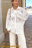 Yipinpay Elegant Women Lace Jacquard Shirts Oversize White Lapel Perspective Sunwear Blouses And Tops Casual Ladies Vacation