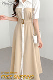 Yipinpay Chic French Korean Single-breasted Midi Dress Women Sashes Elegant Short Sleeve Office Ladies Shirt Dresses Khaki Blue