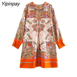 Yipinpay Elegant Women Printed Dresses 2023 Spring Autumn Fashion Vintage V-neck Mini Dresses Long Sleeve Soft Causal Vestidos
