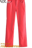 Yipinpay Women Fashion Mid Waist Straight Pants Female Red Leather PU Winter Trousers Ladies Chic Casual with Zipper Fly Pants