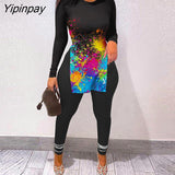 Yipinpay Women Chic Letter Print Split Hem Long Sleeve Top & Camouflage High Waist Pants Set