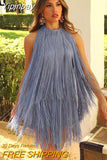 Yipinpay Blue Fringed Mini Dress Woman Halter Backless Dress Summer Sexy Short Dresses For Women 2023 Evening Party Dresses For Prom