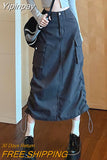 Yipinpay Grunge Cargo Skirt Long Women Acubi Fashion High Waist Drawstring Vintage Y2k Pocket Patchwork A-line Skirt Streetwear