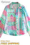 Yipinpay Patchwork Button Up Shirt Women Print Long Sleeve Top Female Loose Summer Blouses Woman 2023 Collared Women's Beach Shirt