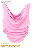 Yipinpay 2023 Pink Crop Top Women Ruched Tank Tops Y2k Streetwear Sleeveless Sexy Tops Woman Fashion Asymmetric Summer White Top