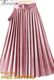 yipinpay Autumn Winter Skirt Women With Belt Long Metallic Silver Maxi Pleated Skirt Midi High Waist Fashion Vintage Saia Party