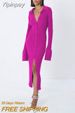 Yipinpay Autumn Winter Elegant Knit Rib Bodycon Dress Office Lady Long Sleeve Lapel Button down Midi Dress Party Casual Women Wear