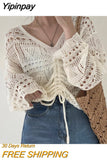 Yipinpay Women Spring College Cropped Lace Up Chic Khaki Pure Hollow Out Knitwear All-match Trendy Mujer Simple Aesthetic White