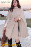 Yipinpay Autumn High Quality Woolen Cloth Shawl Cape Poncho Belt Women Mid-length Korean Sleeveless Casual Ladies Cape Coats Black