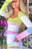 Yipinpay Autumn New Color Block Sweaters Chic Hollow Long Sleeve Square Collar Knitted Pullover Crop Tops Fashion Slim Tops