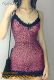 Yipinpay Women Sleeveless V Neck Slim Fit Evening Party Club Fashion Vintage Mini Dress Elegant Leopard Print Lace Pink Slip Dress