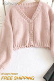 Yipinpay Knitted Cardigan Sweet Korean V Neck Lantern Sleeve Sweaters for Women Fall Wild Simple Cropped Pink Cardigan Coat