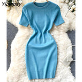 Yipinpay Women Korean Elegant Knitted Dress Short Sleeve O-neck Mini Dress Solid Elastic Slim Casual Summer Pencil Dress