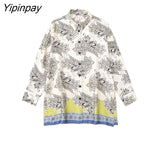 Yipinpay 2023 Spring Autumn Women Printed Shirts Suit Oversized Fashion Single Breasted Blouses 2 Pcs Wide Leg Pants Street Outwear