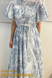 Yipinpay Stand Drawstring Lace Up Fly Sleeve Chiffon Dress Women Vestidos De Mujer Blue Print Ink Dresses Summer Robe