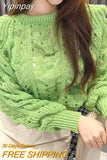 Yipinpay Vintage Pink Hollow Out Cropped Sweater for Women 2023 Puff Sleeve Tshirt Korean Clothes Jersey Jumper Sueter Mujer Knit