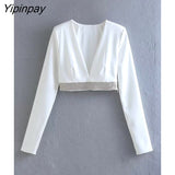 Yipinpay New Tassel Diamonds Mini Skirts Sets Women Fashion Long Sleeved Deep V-Neck Shirts +High Wasit Skirts Sexy Tops