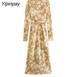 Yipinpay Elegant Women Printed Scarf Midi Dresses 2023 Summer Beach Style Bow Dress A-line Long Sleeve Mid-Calf Vestidos