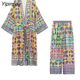Yipinpay 2pcs Summer Women Plaid Pant Set 2023 X-Long Kimono Style Shirts With Belt+Drawstring Trousers Suit Female Casual Clothes