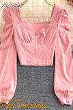 yipinpay Sexy Zipper Crop Tops Female Ruched Casual Vintage Long Sleeve Blusas Women Korean Elegant Camisas Club Short Shirt