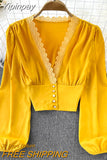 Yipinpay Sexy V-neck Blusas for Women Lace Patchwork Puff Sleeve Crop Tops Female Elastic Waist Casual Korean Blouses Shirts