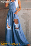 Yipinpay Jumpsuits Daily Casual Sleeveless Solid Overalls 2023 Fashion Design Ripped Jean Romper Summer New Women Loose Side Pocket